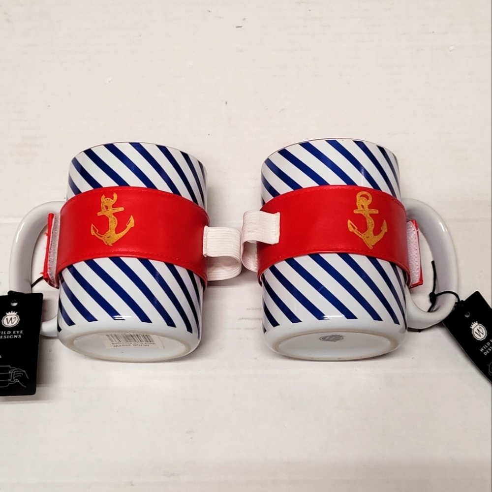 2pc Nwt! Wild Eye Designs Blue And White Strips "Anchor" Coffee Mugs